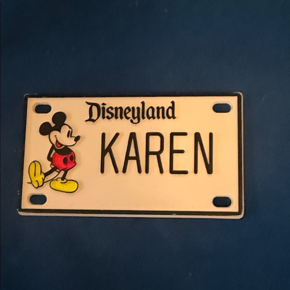 Disneyland Mickey Mouse mini License Plate says KAREN